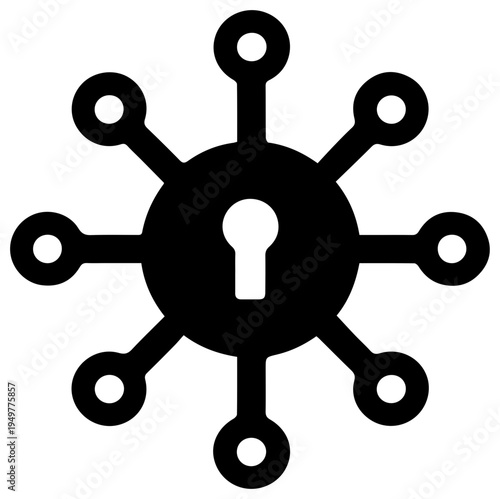 Abstract digital network hub with central keyhole symbol representing secure connection encrypted data transfer and private virtual network access cybersecurity concept