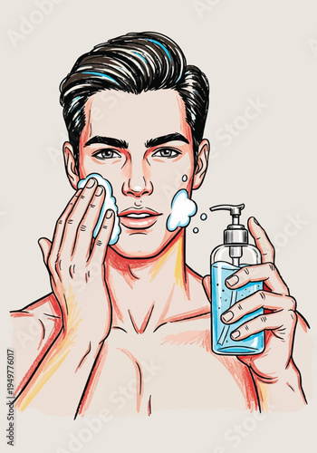 Guy washing face with foam soap hygiene drawing