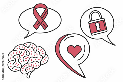 Red ribbon and brain with lock and heart symbols speech bubbles
