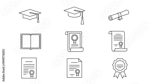 Education Line Icons Set Featuring Graduation Cap Certificate Online Learning and Academic Achievement Symbols for Institutional Branding and Training Programs