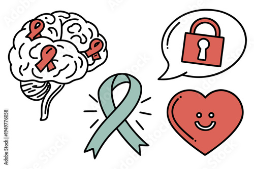 Green ribbon and brain with lock and heart awareness