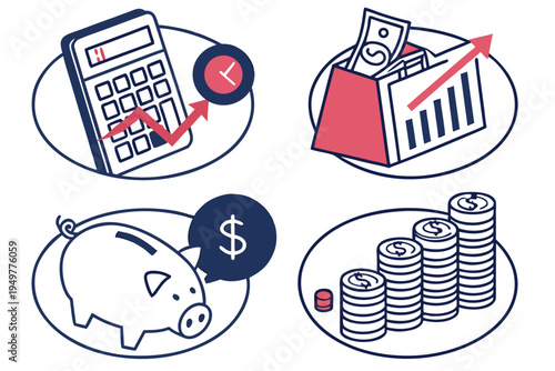 Financial with calculator piggy bank coins and wallet money