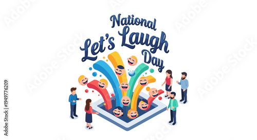 Illustration of people laughing together on National Let's Laugh Day with colorful confetti and joyful expressions against a white background.