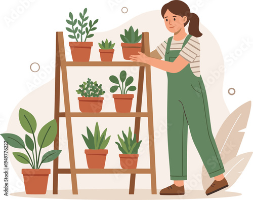 Woman tenderly arranging potted plants on a wooden shelf indoors.