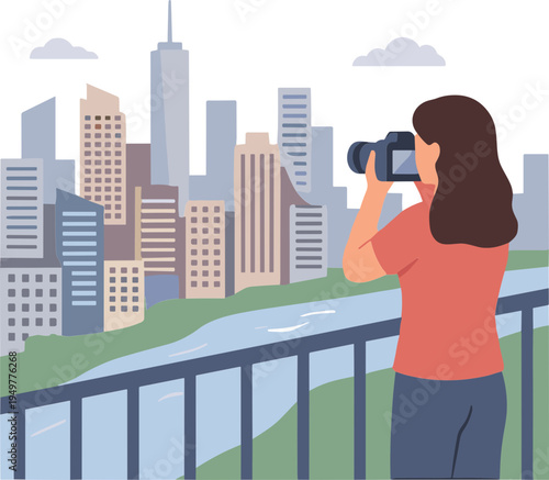 Woman uses binoculars to observe cityscape view from a hill near a river