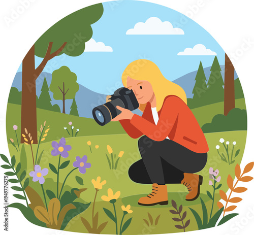 Woman photographer captures nature scene with flowers and trees in a field.