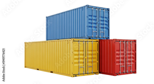 Colorful cargo shipping containers stacked on transparent background

