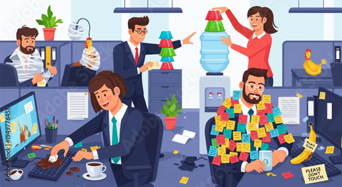 Office workers experiencing stress and burnout in a chaotic workspace with clutter and distractions