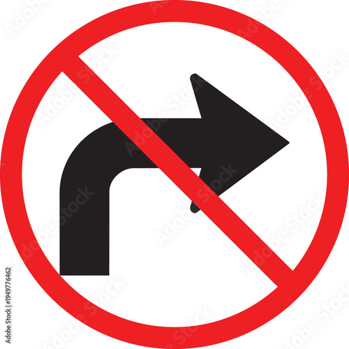 No Right Turn traffic sign prohibition symbol for road safety and traffic control isolated on white background