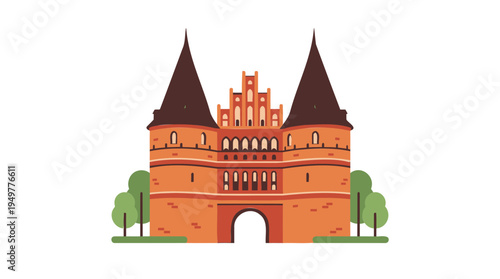 A majestic castle gate stands proudly amidst lush greenery in a scenic landscape setting