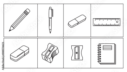Stationery Line Icons Including Pencil Pen Eraser Ruler Sharpener and Notebook for School Office Supply Branding and Educational Design Projects