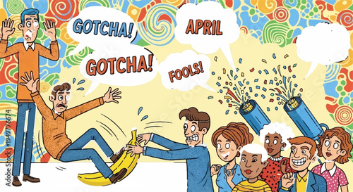 Group of people celebrating with confetti and gotcha prank colorful party scene with joyful expressions