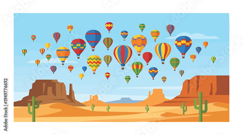 Vibrant hot air balloons float serenely above desert landscape with cacti and rock formations under blue sky.