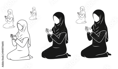 A vector graphic illustration of women in hijab praying in different styles