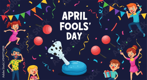 Children celebrating april fool's day with colorful decorations and confetti at a festive party