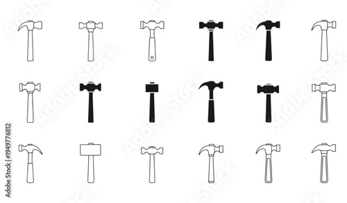 A collection of various hammer icons in different styles and designs