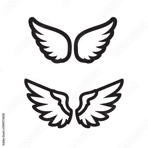 Two sets of stylized black and white illustrated angel wings for creative graphic design projects