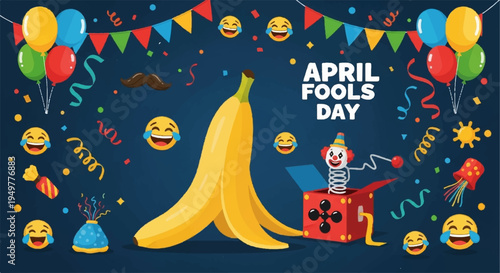 Vibrant april fools' day celebration with laughing emojis balloons and a giant banana joyful prank concept
