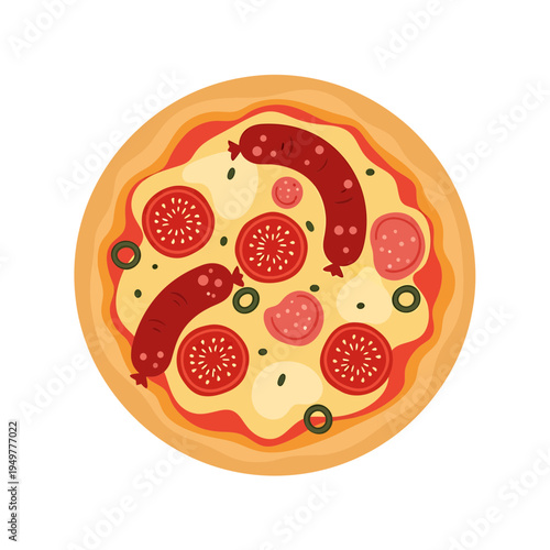 Top View of Pizza with Sausage and Tomato vector illustration
