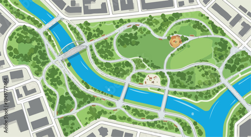 Top-down aerial view of a green city park with a blue river and bridges