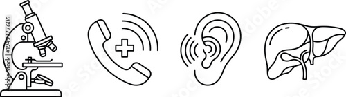 Medical outline icon set, healthcare symbols including microscope, phone consultation, ear hearing, liver organ, medicine line vector illustrationMedical outline icon set, healthcare symbols including
