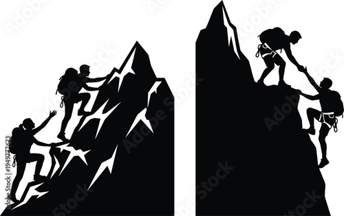 Mountain climbers teamwork silhouette, hikers helping each other on steep peak, rock climbing adventure partnership vector illustration set