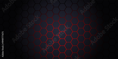Dark gray and red horizontal hexagonal technology abstract vector background. red bright energy flashes under hexagon in futuristic modern technology wide banner. Dark gray honeycomb texture grid.