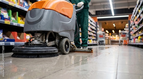 Janitor operating an automatic floor scrubber in a grocery store aisle. Commercial cleaning, hygiene, sanitation and maintenance service concept.