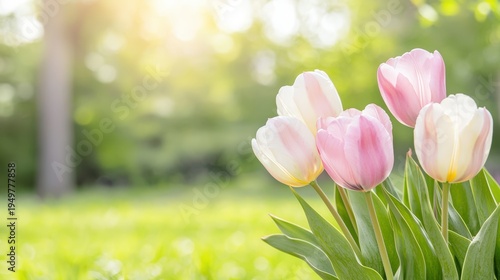A spring garden with blooming tulips, pastel hues, copy space above,