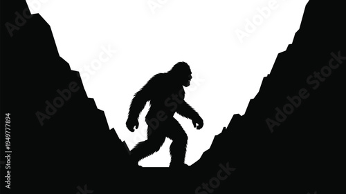 Bigfoot silhouette in mountain valley, mysterious sasquatch creature walking in wilderness landscape, cryptid legend vector illustration design