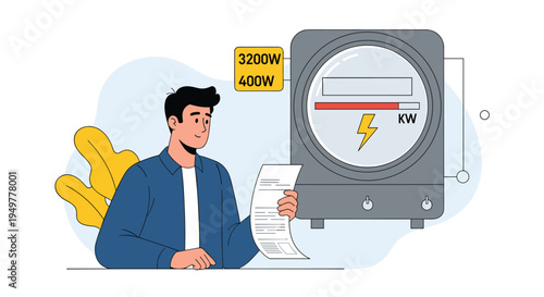 Man checking electric meter and electricity bill