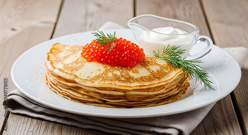 Pancakes, a delicious stack of golden blini, are elegantly topped with red caviar and dill, served with sour cream.