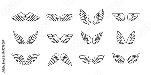 Angel wings icon set flying bird wing feather line, elegant feathered wing symbols in outline style, spiritual and fantasy design elements, clean vector illustration collection for logos and tattoo