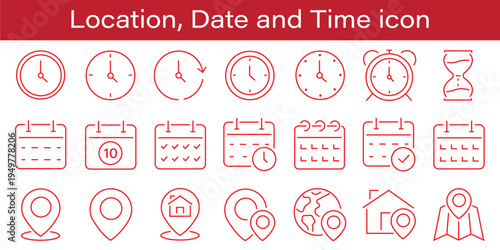 Time  date and location editable stroke outline icons set isolated on white background flat vector illustration