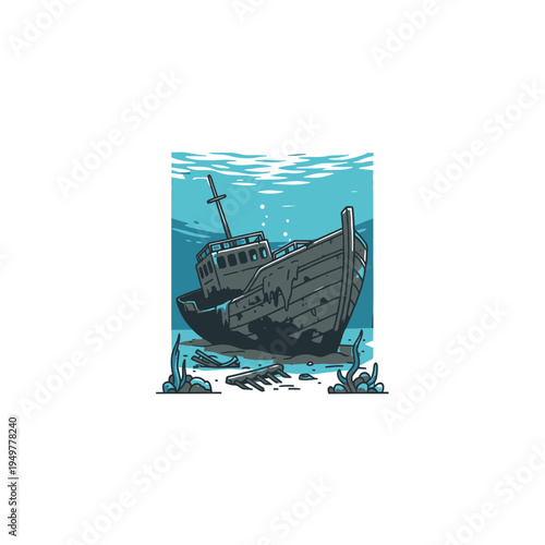 Sunken Shipwreck Scene Undersea vector illustration