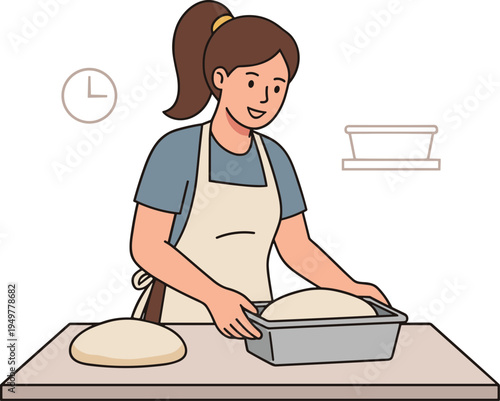 Woman baking bread in kitchen with apron on countertop
