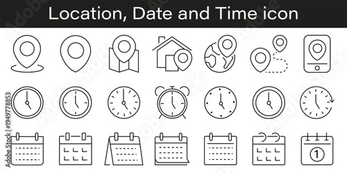 Time and location icons  hourglass  calendar  clock  pin  flag  stopwatch  globe pointer  minimal line style for maps  schedule planner  interface ui pack  vector illustration
