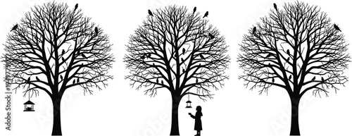 Bare Tree Silhouette Set with Birds and Person Feeding Wildlife Illustration for Nature Conservation Winter Season Garden and Environmental Background