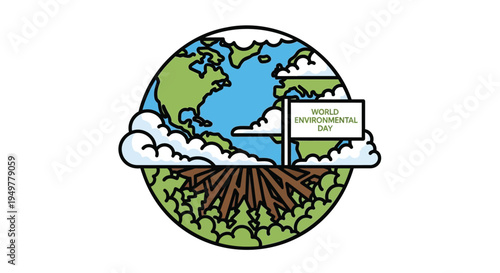 Vector illustration of earth with roots and sign for environmental conservation