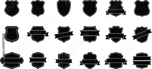Comprehensive set of black silhouette blank shield badges with and without ribbon banners, ideal for designing sports team crests and security logos.
