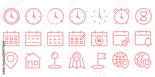 Time, date and address line icons set. calendar, clock, gps point, flag point, globe point Containing hourglass, pin, stopwatch. Editable stroke for mobile and web. Isolated on white background