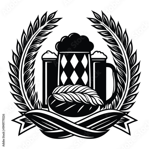 Black and white laurel wreath emblem with beer steins and barley sheaf