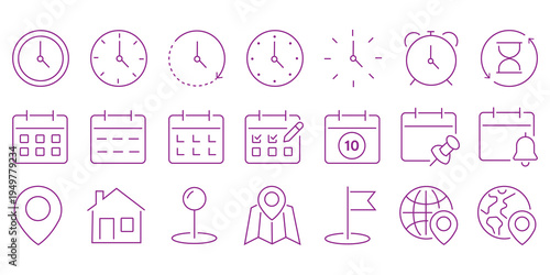 Time, date and address line icons set. calendar, clock, gps point, flag point, globe point Containing hourglass, pin, stopwatch. Editable stroke for mobile and web. Isolated on white background