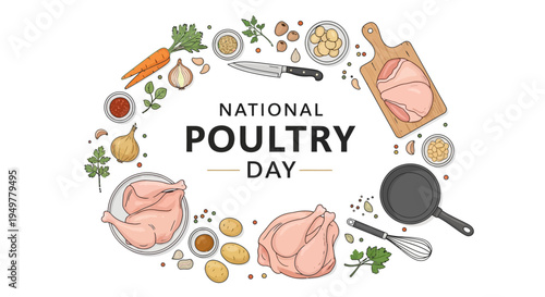 Illustration of National Poultry Day design with chicken farm products and kitchen utensils on white background.