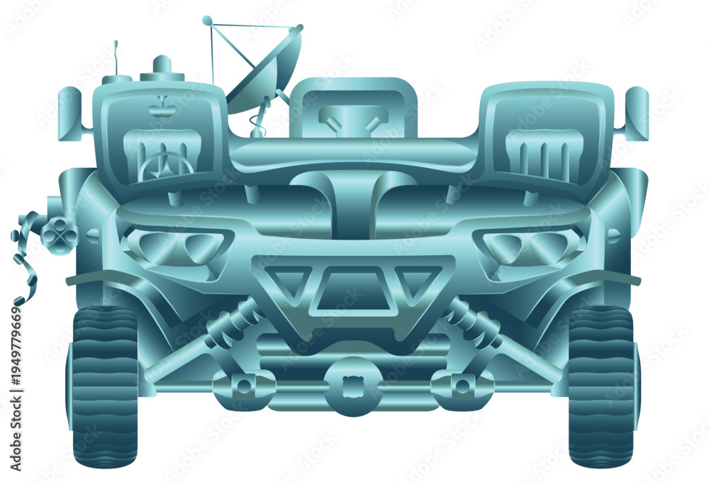 Fototapeta premium Conceptual military armored vehicle, metallic steel gradient. SUV front view. Blue silver engineering battle war car in frontal perspective. Vecor illustration