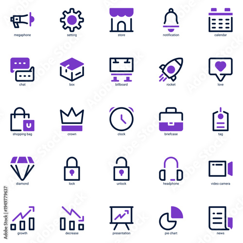 Set of 25 business icons vector, purple and dark blue