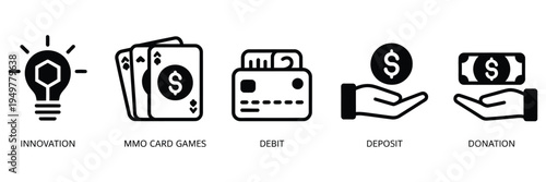 innovation, black debit card, mmo card game icons set. modern minimal glyph symbols for fintech payment, online gaming interface, strategy cards, digital economy, startup technology, ui design pack.