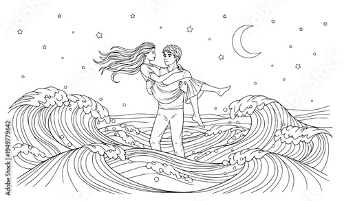 Boy lifting girl into ocean waves night scene line art adult coloring book vector illustration