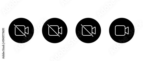 Video call outline icon set in black circle. Enable and disable camera record symbol