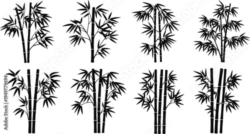 Black Bamboo Silhouette Vector Illustration Set, Isolated Japanese Zen Style Botanical Elements for Minimalist Oriental Design, Nature Floral Background Graphics.